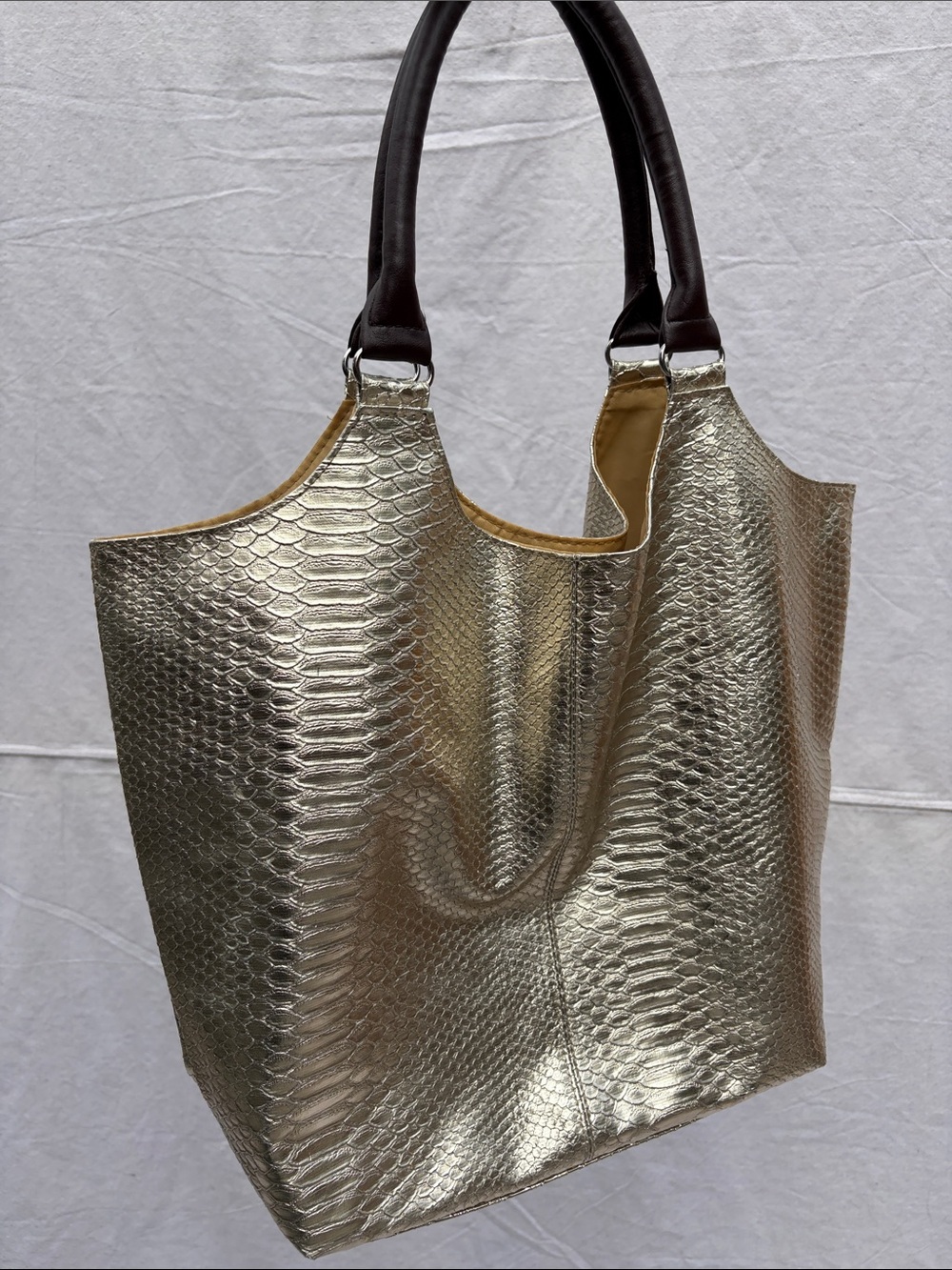 Gold Textured Tote Bag with Dark Brown Handles